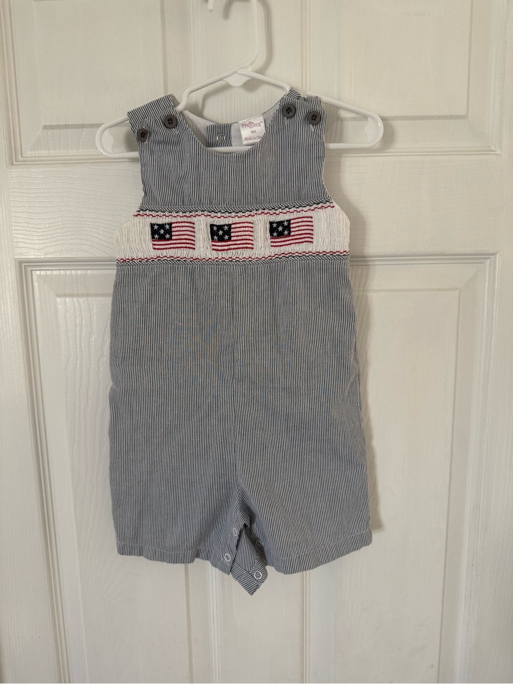 Striped Smocked Baby Romper with Flag Embroidery - Blue